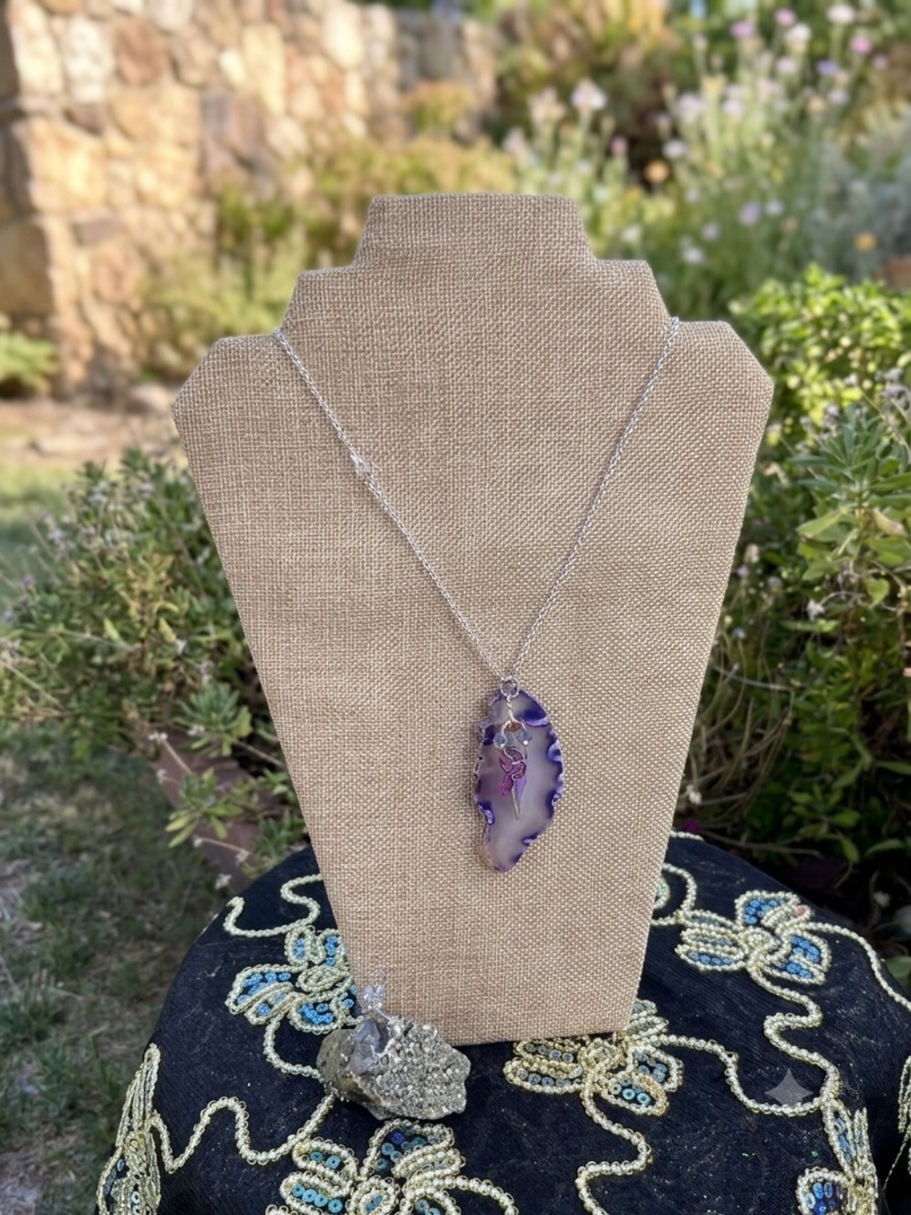Handcrafted Purple Agate Pendant Necklace With Feather - Silver Chain